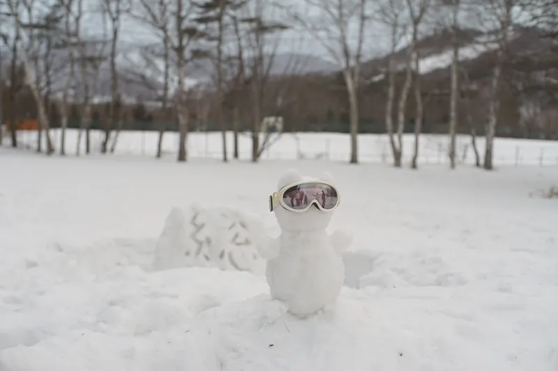 ゴーグルを被った雪だるまが雪の上に置かれている写真